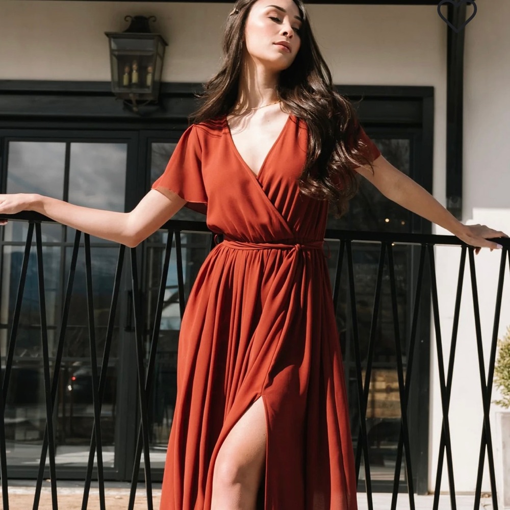 Dark rust red wrap chiffon maxi dress
